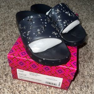 Navy blue slides w/ silver stars hardware
